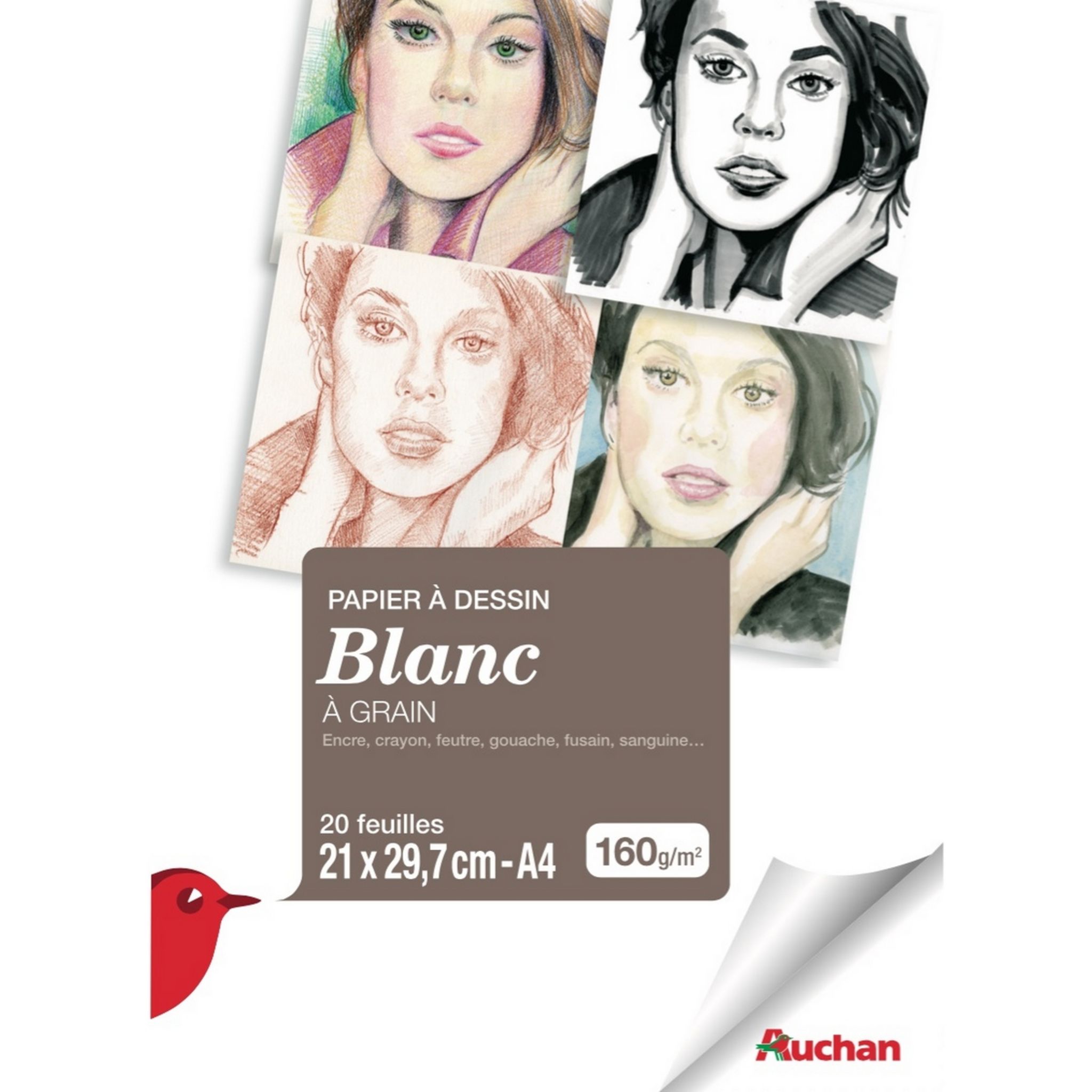 AUCHAN Pochette de 20 papier à dessin - A4 - 160g - blanc pas cher 