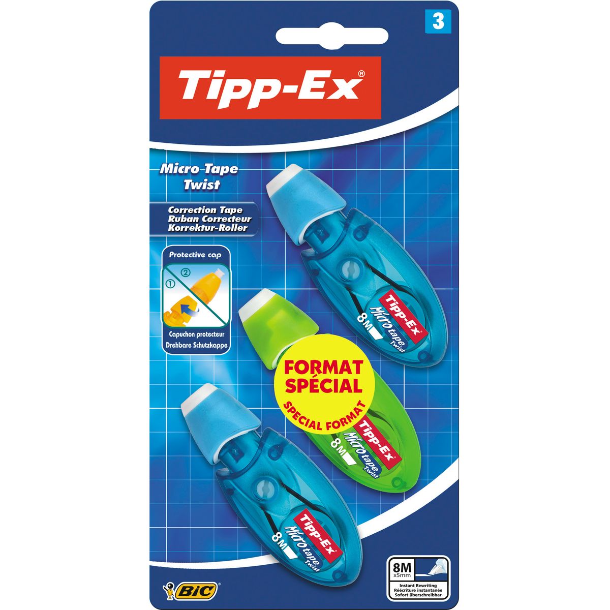 TIPP-EX Lot de 3 mini souris correctrices 6m jaune, rouge et bleu + 1 stylo  4 couleurs rétractable bleu pas cher 