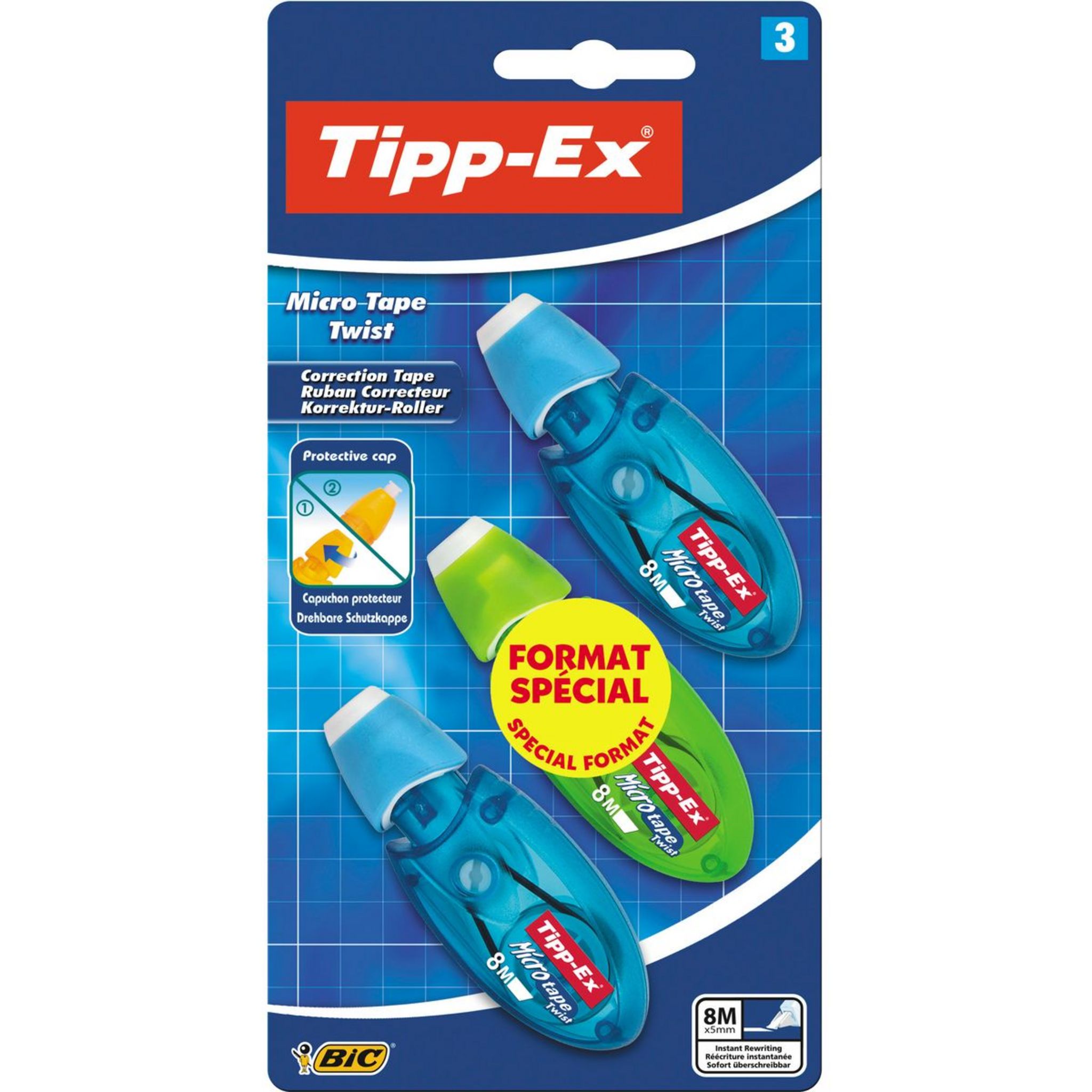 TIPP-EX Lot de 3 souris correctrices 8m avec capuchon Micro Tape Twist bleu  et vert pas cher 