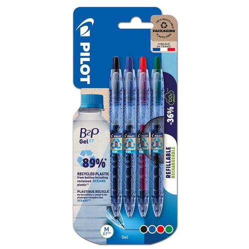 Lot de 4 stylos gel rétractables pointe moyenne bleu/rouge/vert/noir B2PGel07