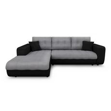 Canapé d'angle gauche convertible CLELIA, 4 places, tissu microfibre gris PU blanc ou noir (Gris et noir)