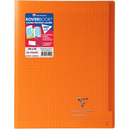 Cahier piqué polypro Koverbook 24x32cm 96 pages grands carreaux Seyes orange transparent
