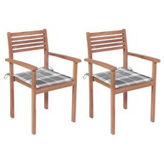 Chaises de jardin 2 pcs avec coussins a carreaux gris Teck