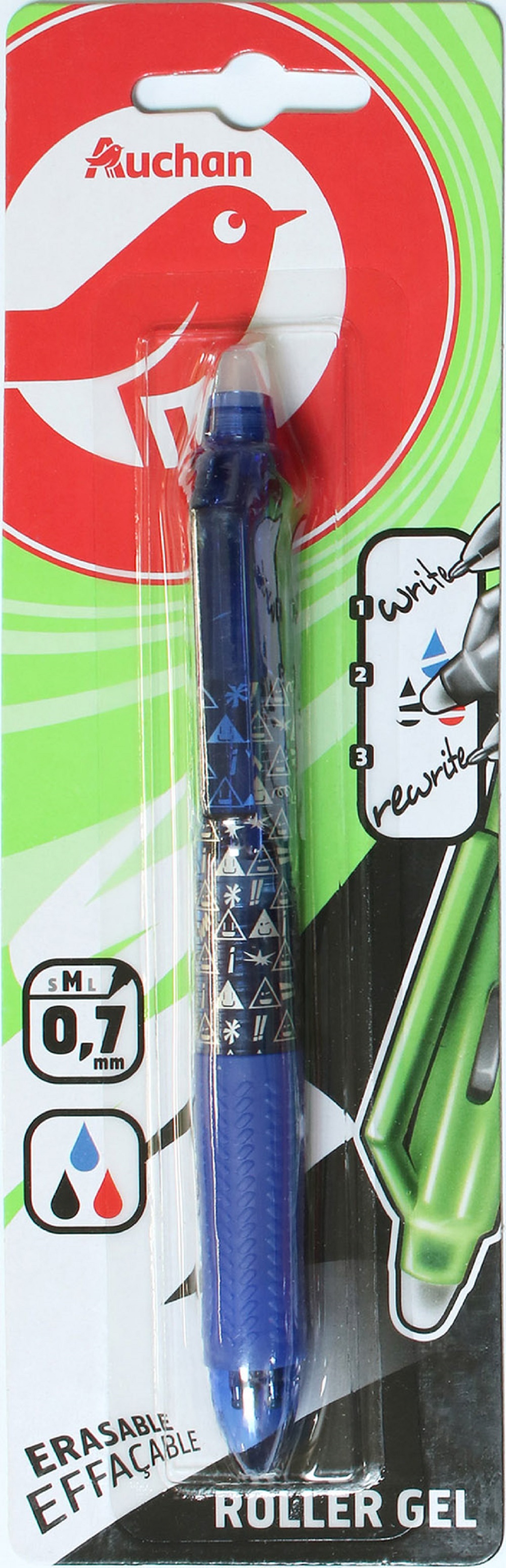 AUCHAN Stylo roller gel effaçable rétractable bleu pas cher