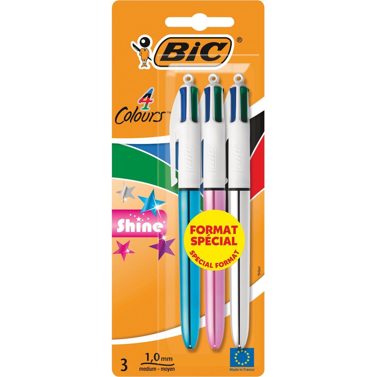 BIC Lot de 3 stylos bille 4 couleurs rétractables pointe moyenne Shine 1  argent/1 rose/1 bleu pas cher 