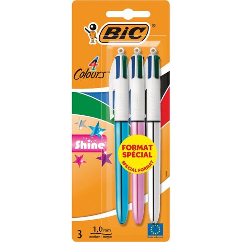 Lot de 3 stylos bille 4 couleurs rétractables pointe moyenne Shine 1 argent/1 rose/1 bleu