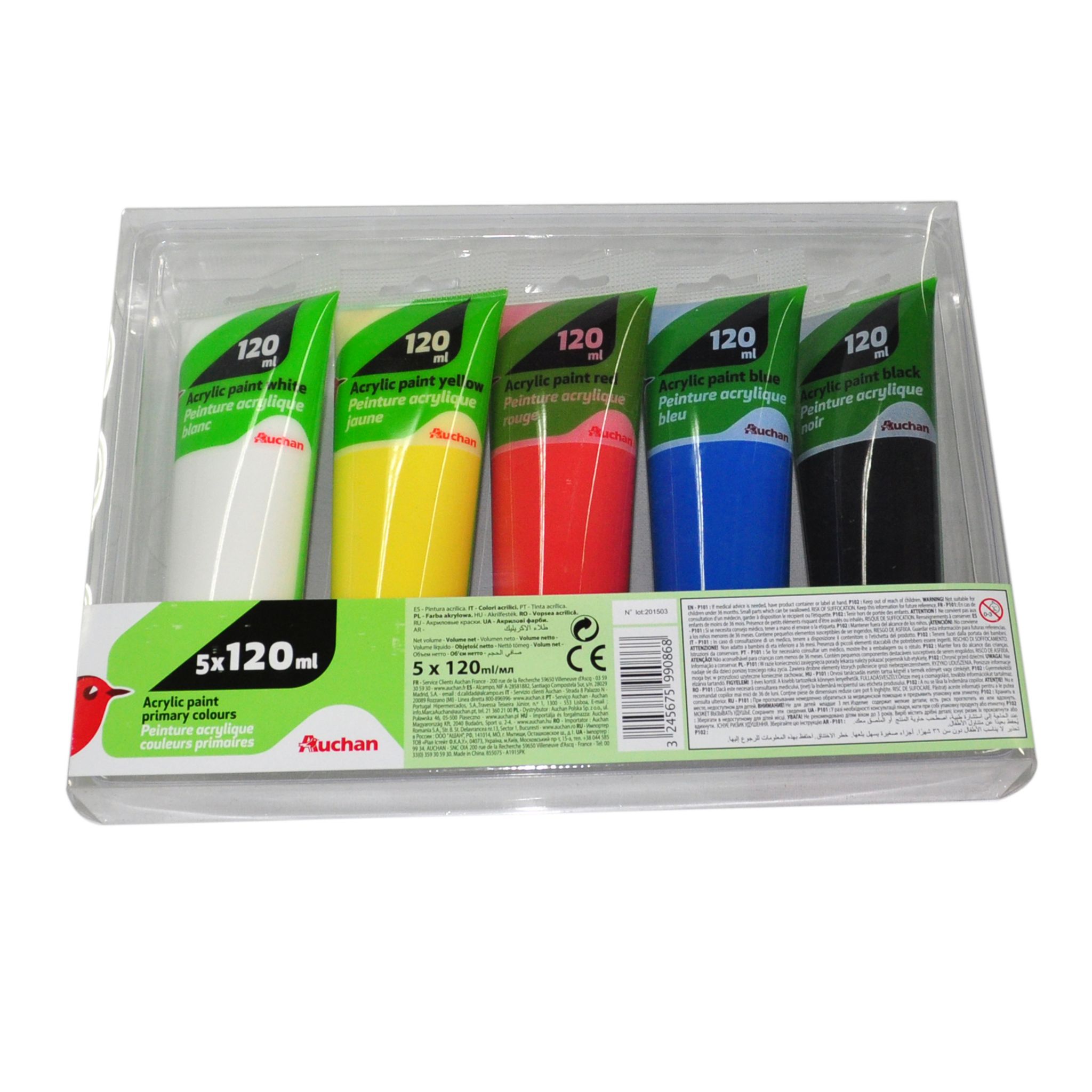 AUCHAN Lot de 5 tubes de peinture acrylique 120ml - couleurs primaires pas  cher 