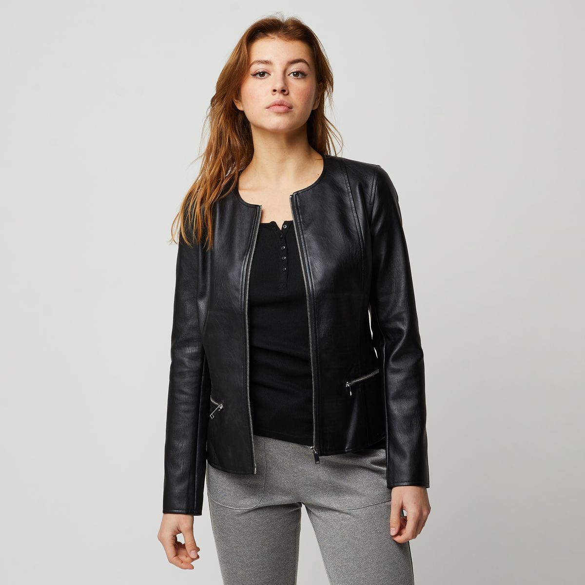 INEXTENSO Veste en cuir noir femme pas cher Auchan.fr