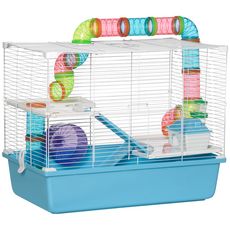 Cage à hamsters 3 niveaux - tunnel, abreuvoir, roue, maisonnette, échelles - dim. 59L x 36l x 47H cm - métal PP bleu blanc