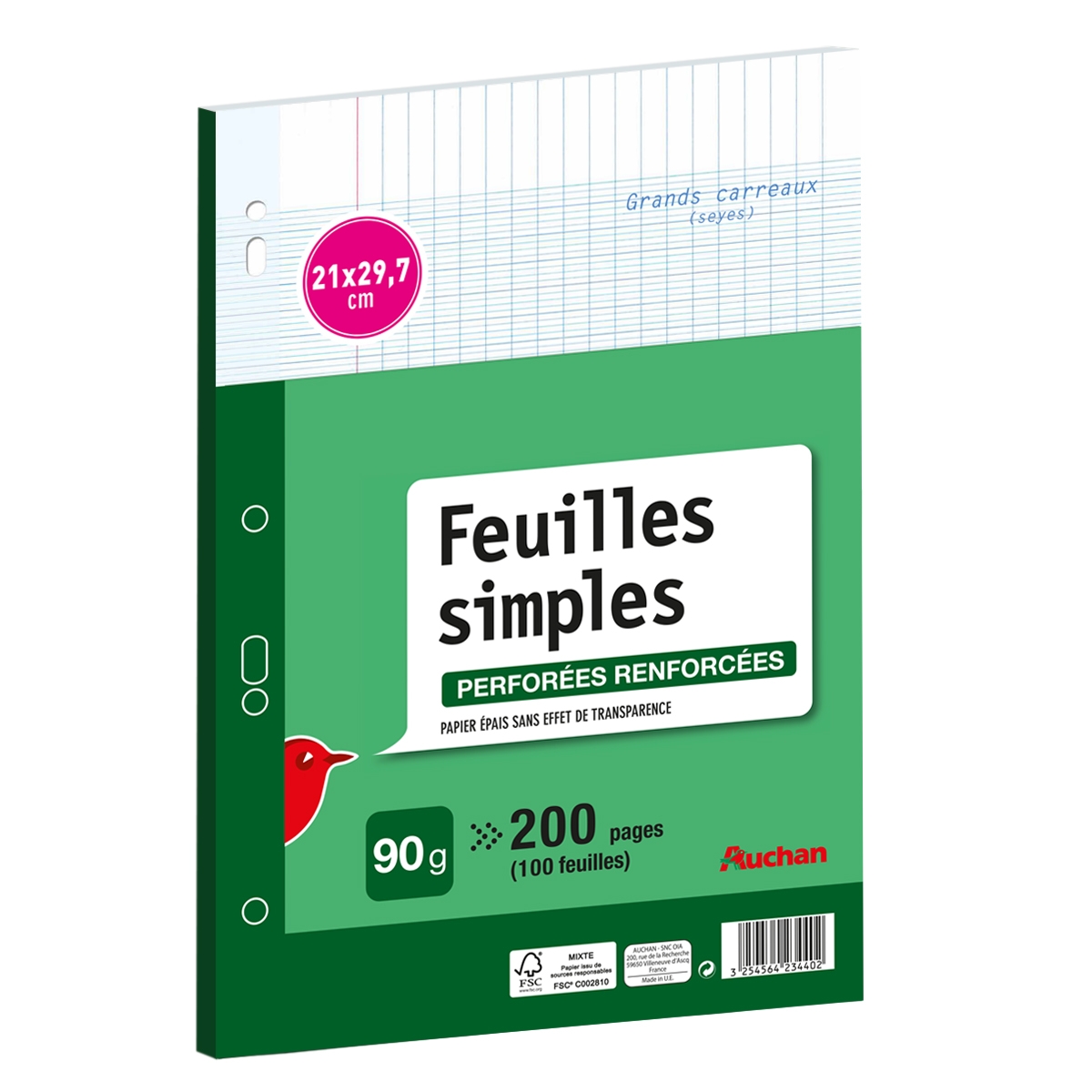 AUCHAN Feuilles simples 200 pages 21x29.7cm grands carreaux Seyes