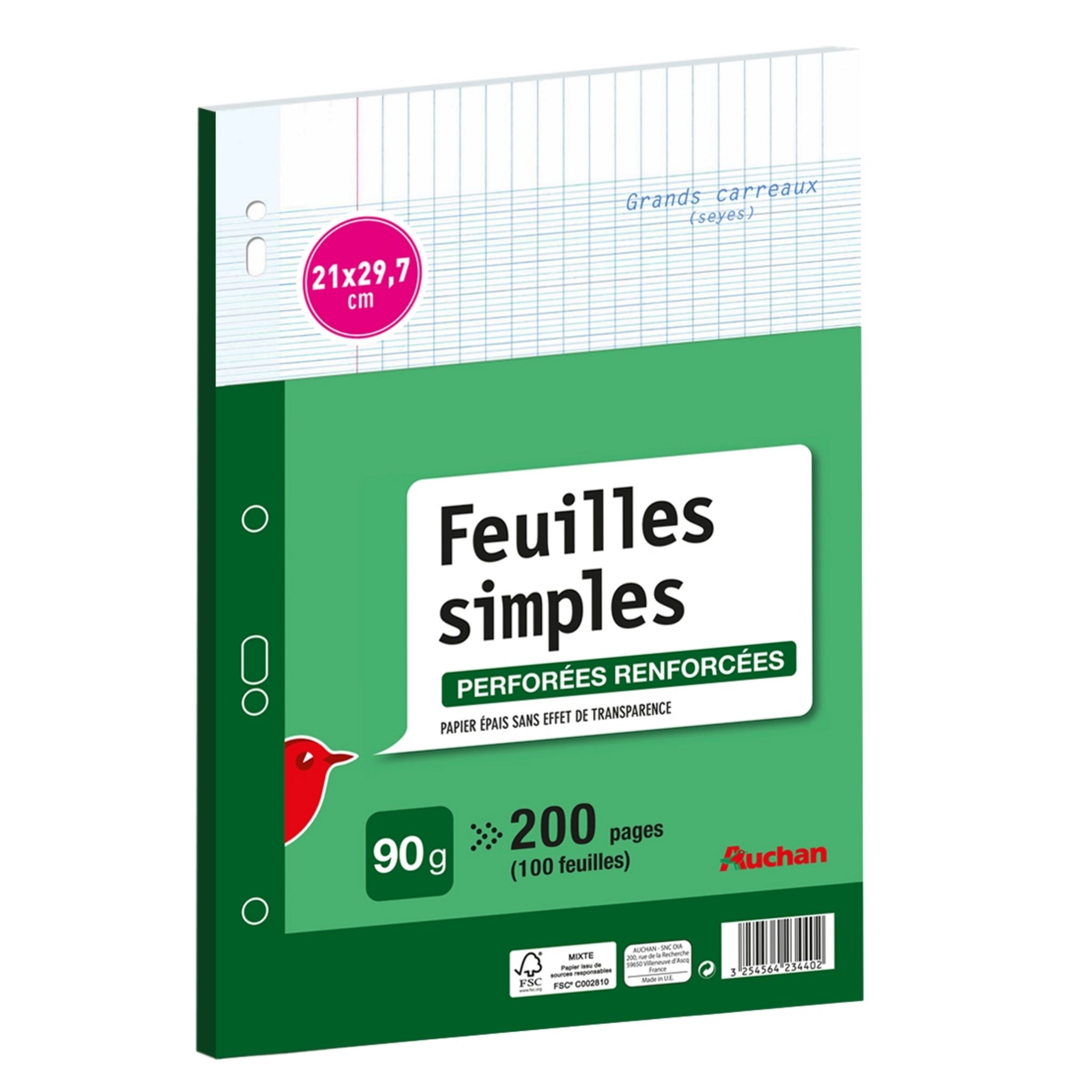 AUCHAN Lot de 100 feuilles simples 21x29,7cm grands carreaux Seyes  perforées pas cher 