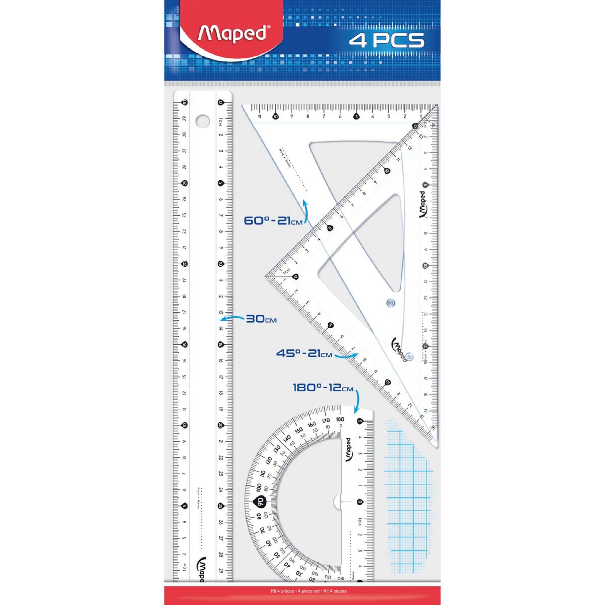 Kit de traçage 4 pièces MAPED : règle 30cm - équerre 60°/21cm