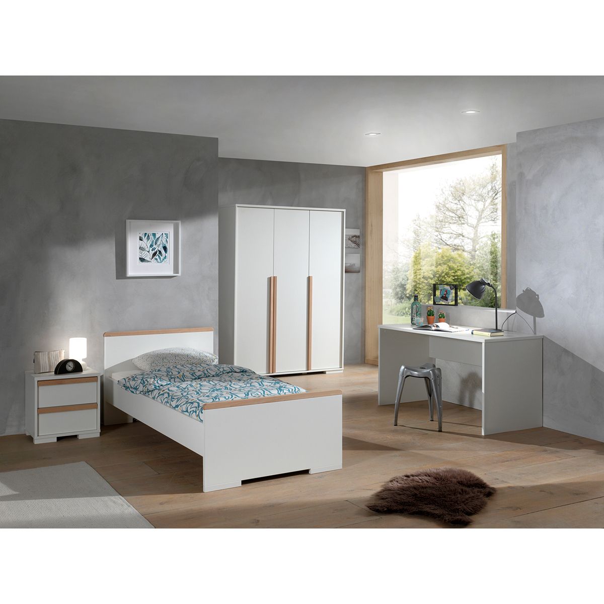Vipack Lit 90x200 - Chevet 2 tiroirs - Armoire 3 portes et Bureau London - Blanc