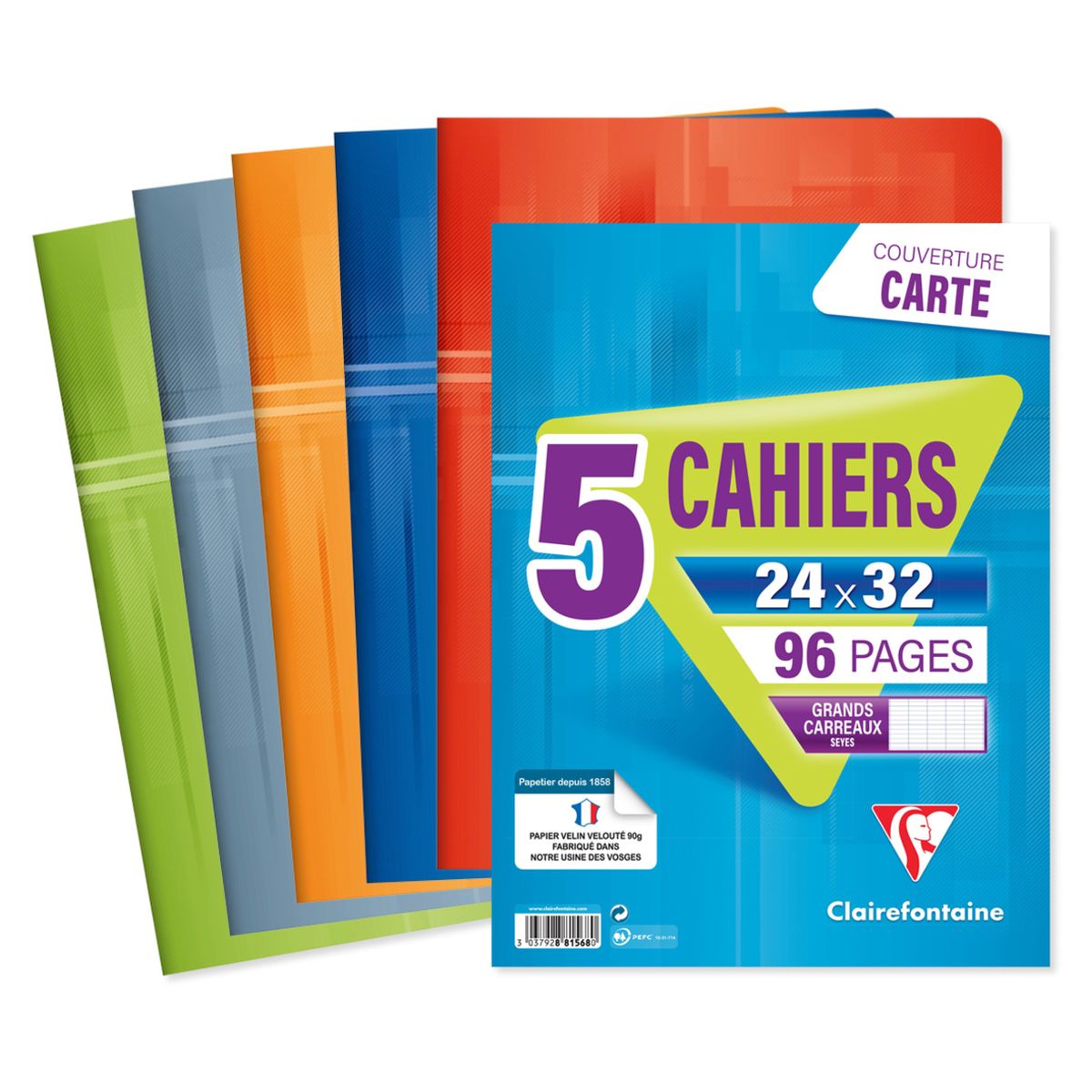 CLAIREFONTAINE Lot de 5 cahiers piqués 24x32cm 96 pages grands carreaux  Seyes coloris assortis pas cher 