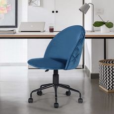 Chaise de bureau pivotante à roulettes, réglable en hauteur, velours bleu et détails matelassés，56*63*86-96cm