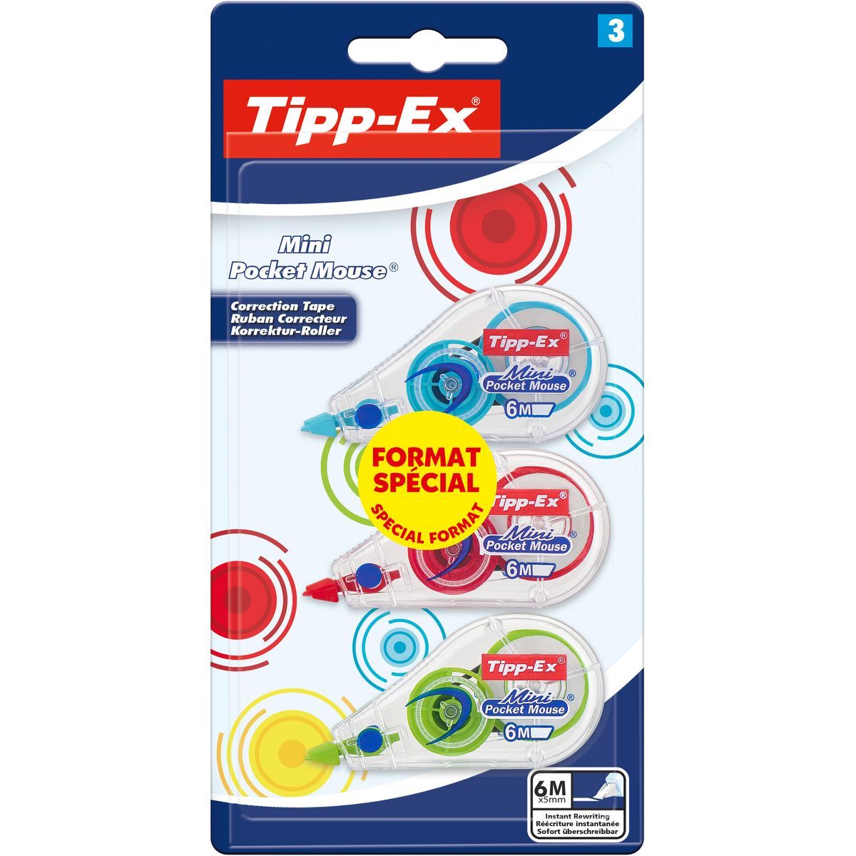 TIPP-EX Lot de 3 mini souris correctrices 6m rouge, bleu et vert