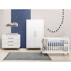 Chambre complète lit bébé 60x120, commode à langer et armoire 2 portes Fenna - Blanc et bois naturel