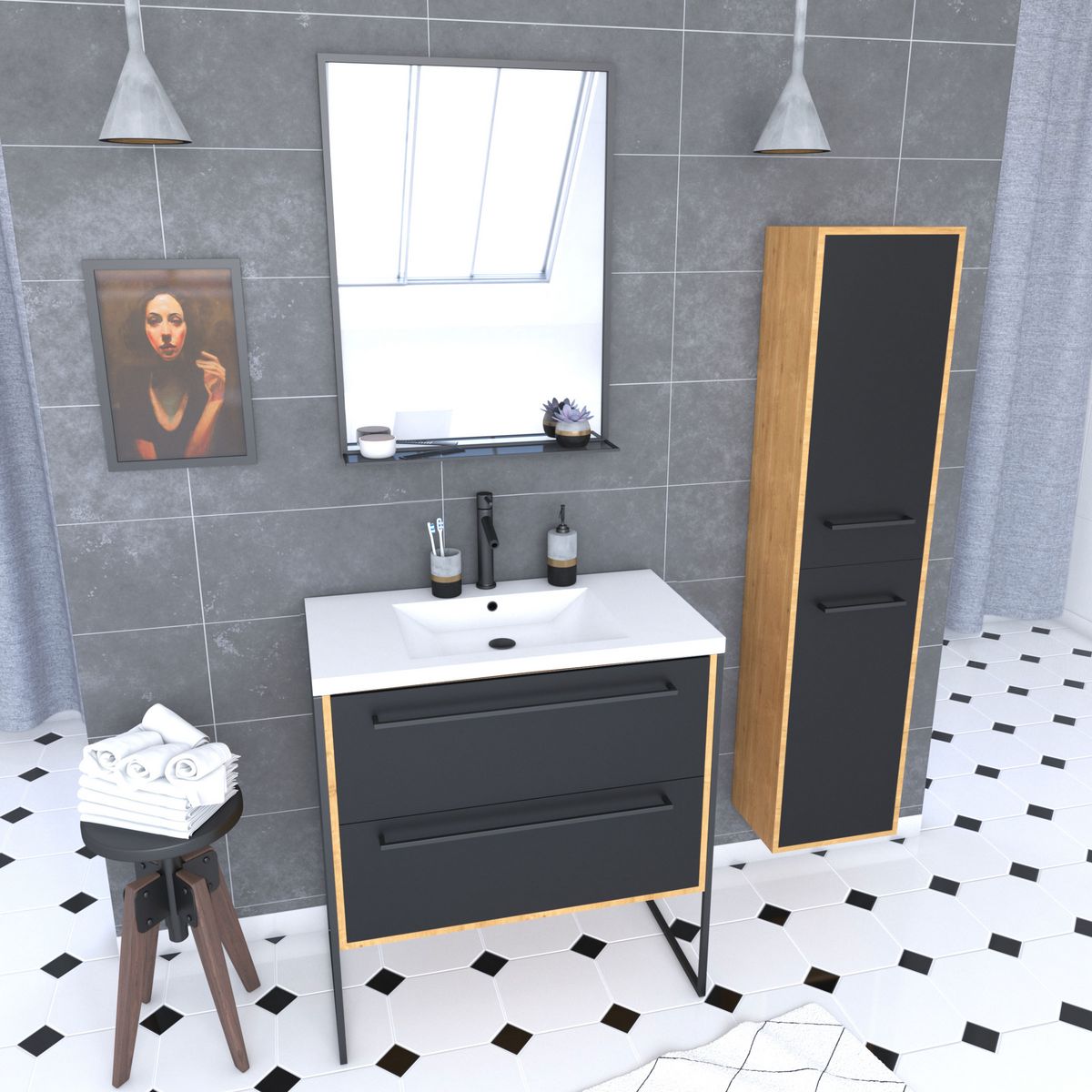 Aurlane Meuble de salle de bain 80x50cm - vasque blanche 80x50cm -tiroirs noir mat + colonne + miroir