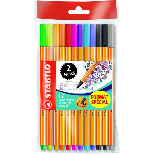 Pochette de 12 stylos feutres pointe fine Point 88 coloris assortis avec 2 exemplaires noirs