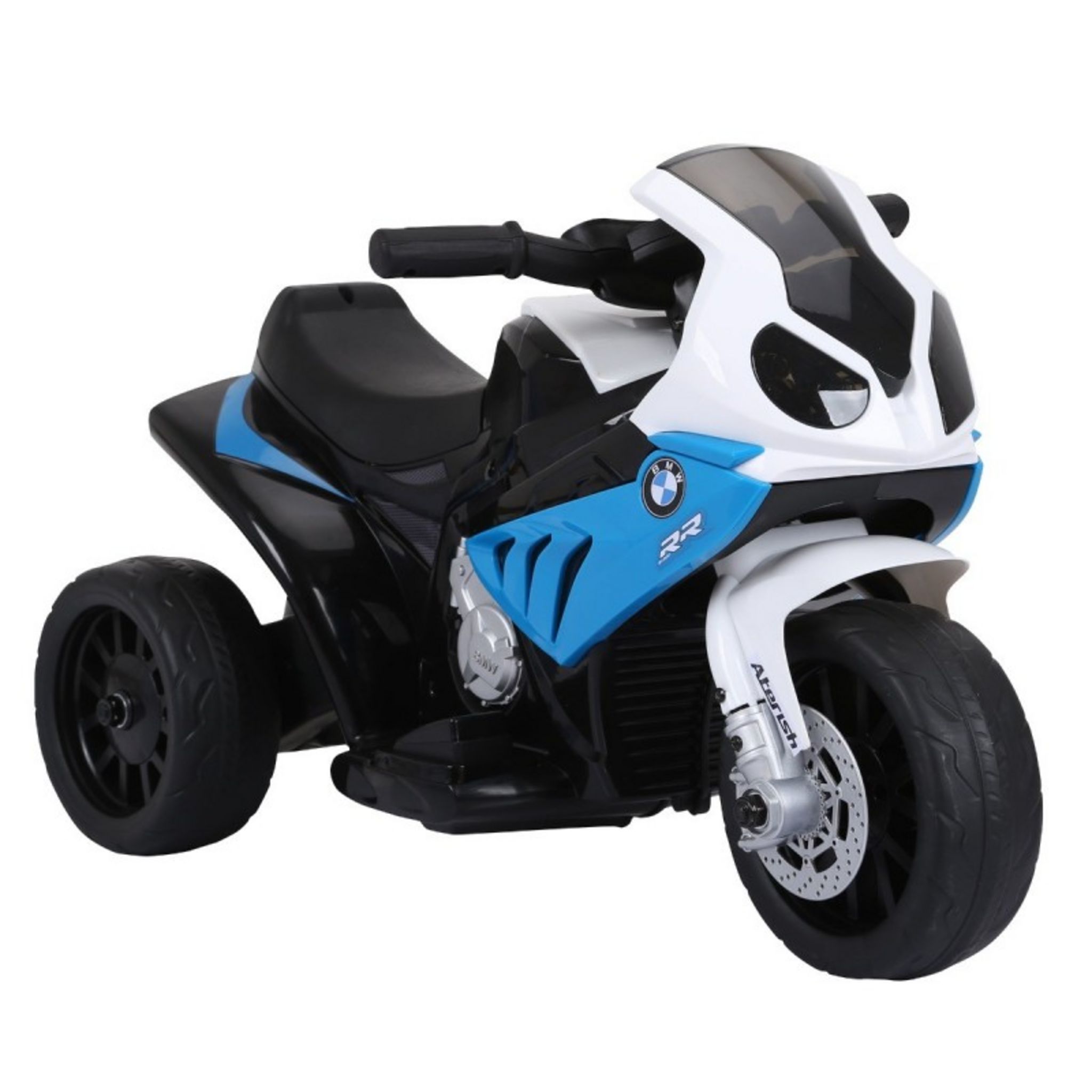 HOMCOM Moto électrique enfant 6 V 3 Km/h effet lumineux et sonore roulettes  amovibles repose-pied valises latérales métal PP bleu noir pas cher 