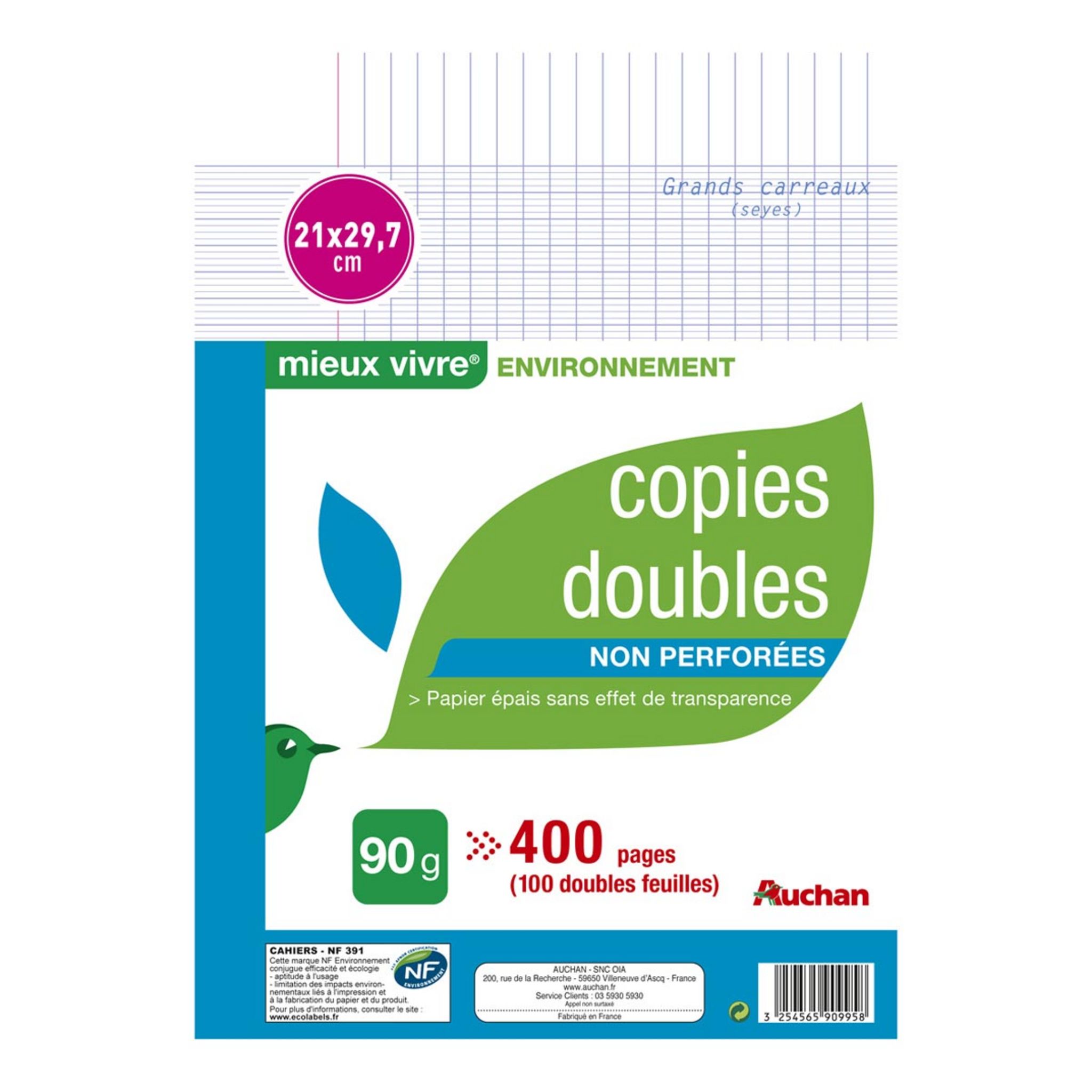 Sachet de 100 pages copies doubles grand format A4 grands carreaux Séyès  90g perforées