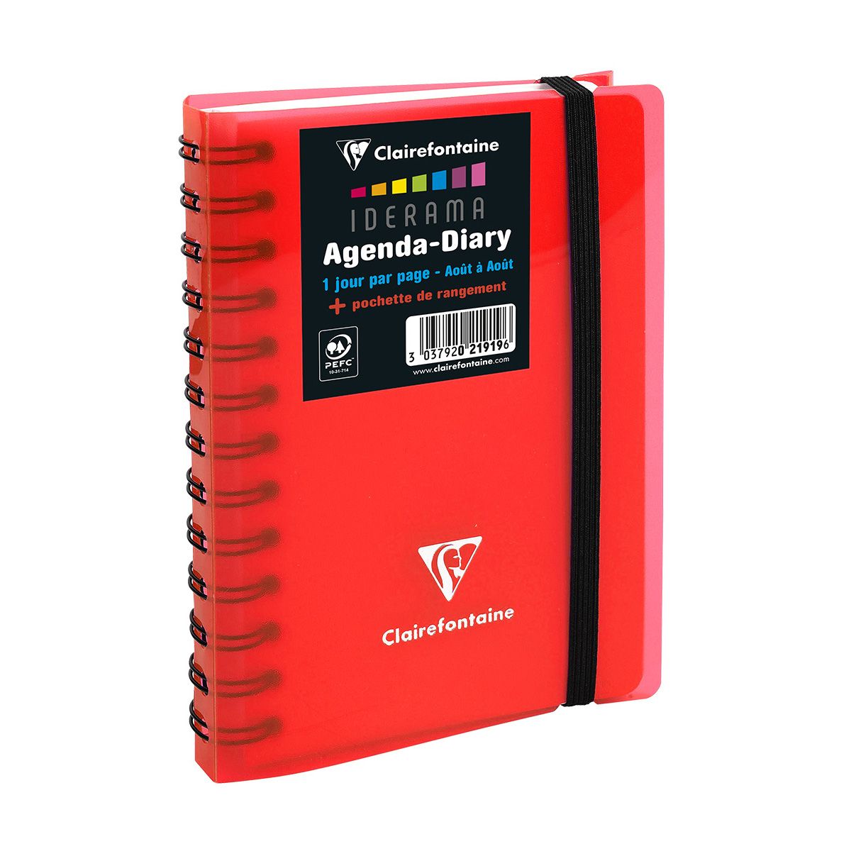 CLAIREFONTAINE Agenda scolaire journalier à spirale 12x17cm polypro rouge transparent 2023-2024 