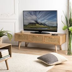 MACABANE ROMEO - Meuble TV couleur naturelle 3 tiroirs bois cannage