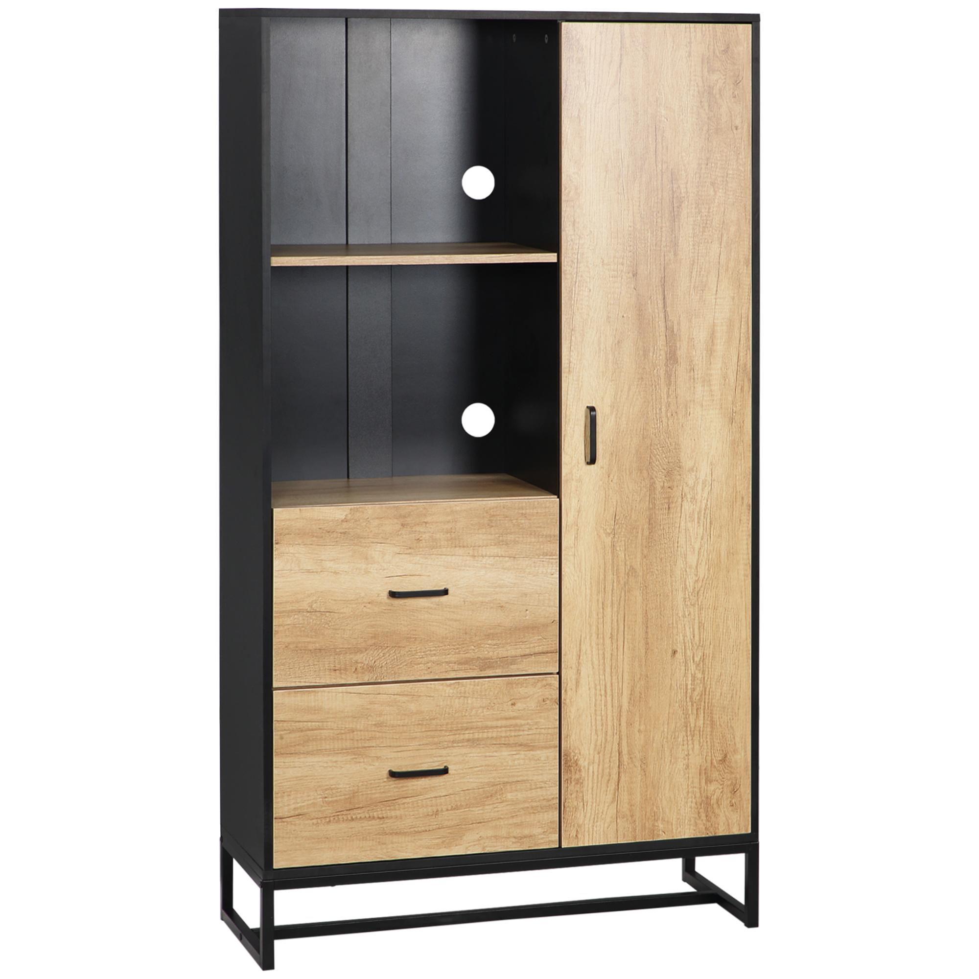 HOMCOM Buffet haut design industriel multi-rangement - 3 portes avec  étagère, tiroir, niche, grand plateau - piètement métal noir aspect chêne  clair pas cher 