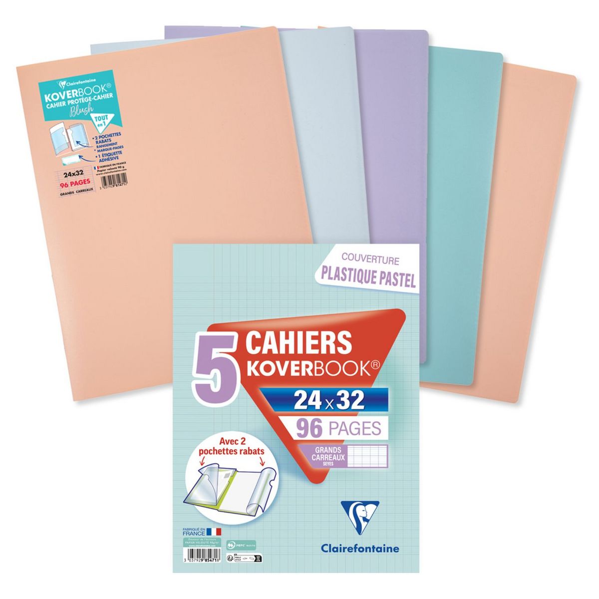 CLAIREFONTAINE Lot de 5 cahiers Koverbook 24x32 cm 96 pages grands carreaux  seyes blush pas cher 