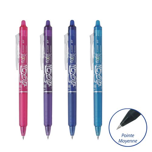 Lot de 4 stylos effaçables pointe moyenne bleu/rose/violet/turquoise FriXion Ball Clicker