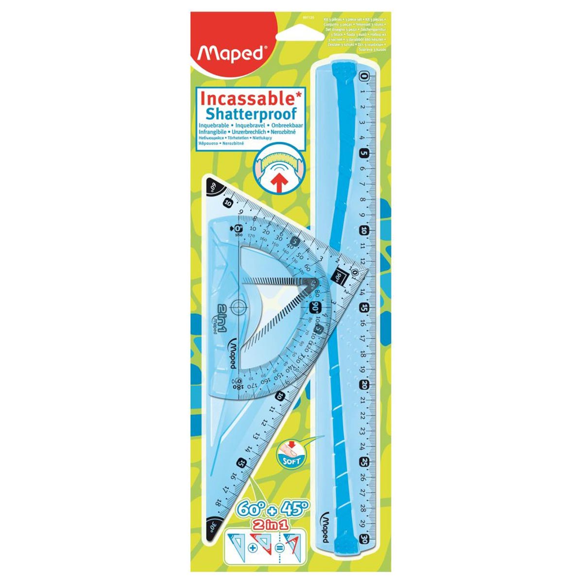 Maped outil de traçage règle équerre 2en1, bleu transparent