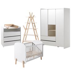 Lit bébé 60x120 - Commode 3 tiroirs - Armoire 3 portes et Bibliothèque Kiddy - Blanc
