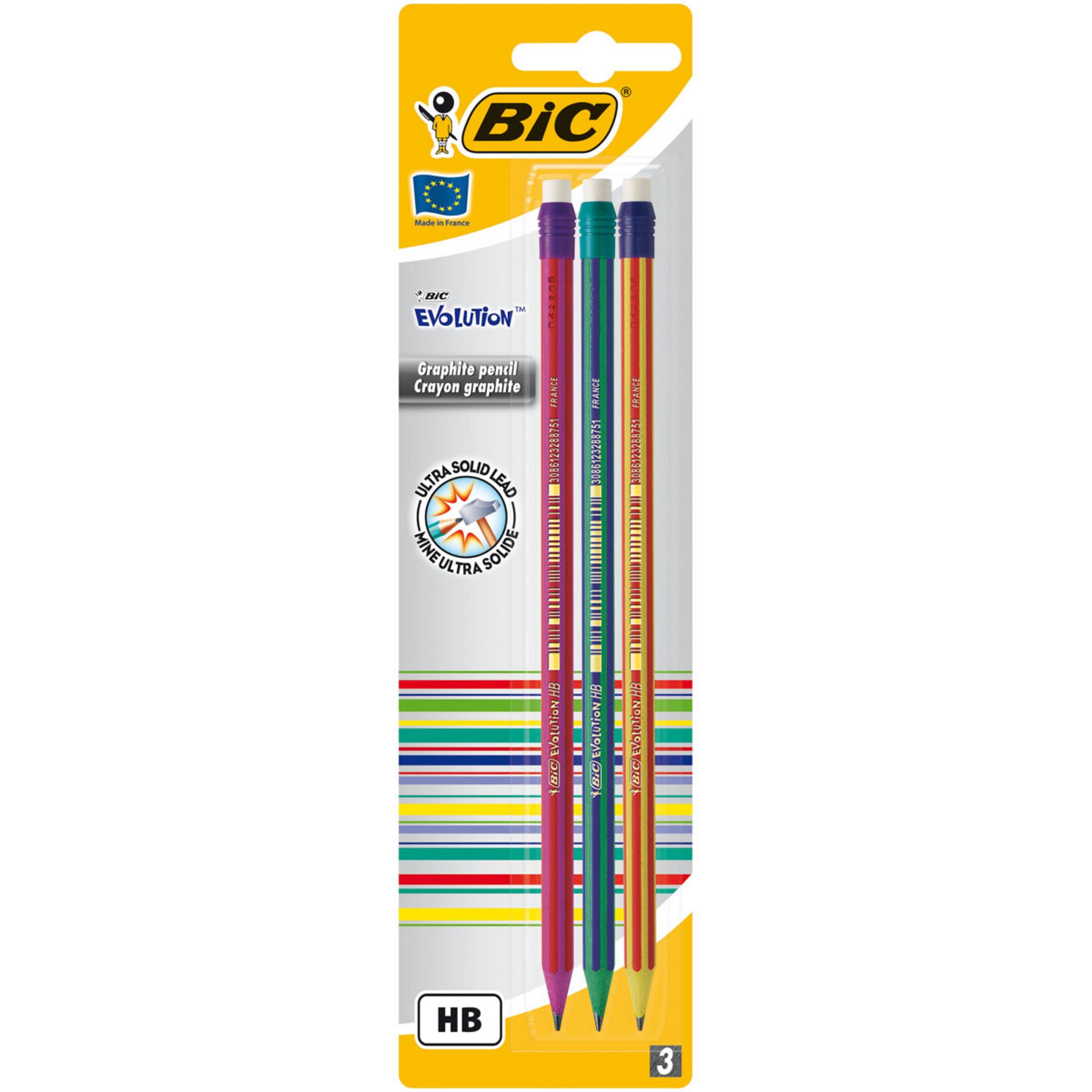BIC Crayons à papier HB avec gomme intégrée EVOLUTION STRIPES (lot de 3)  pas cher 