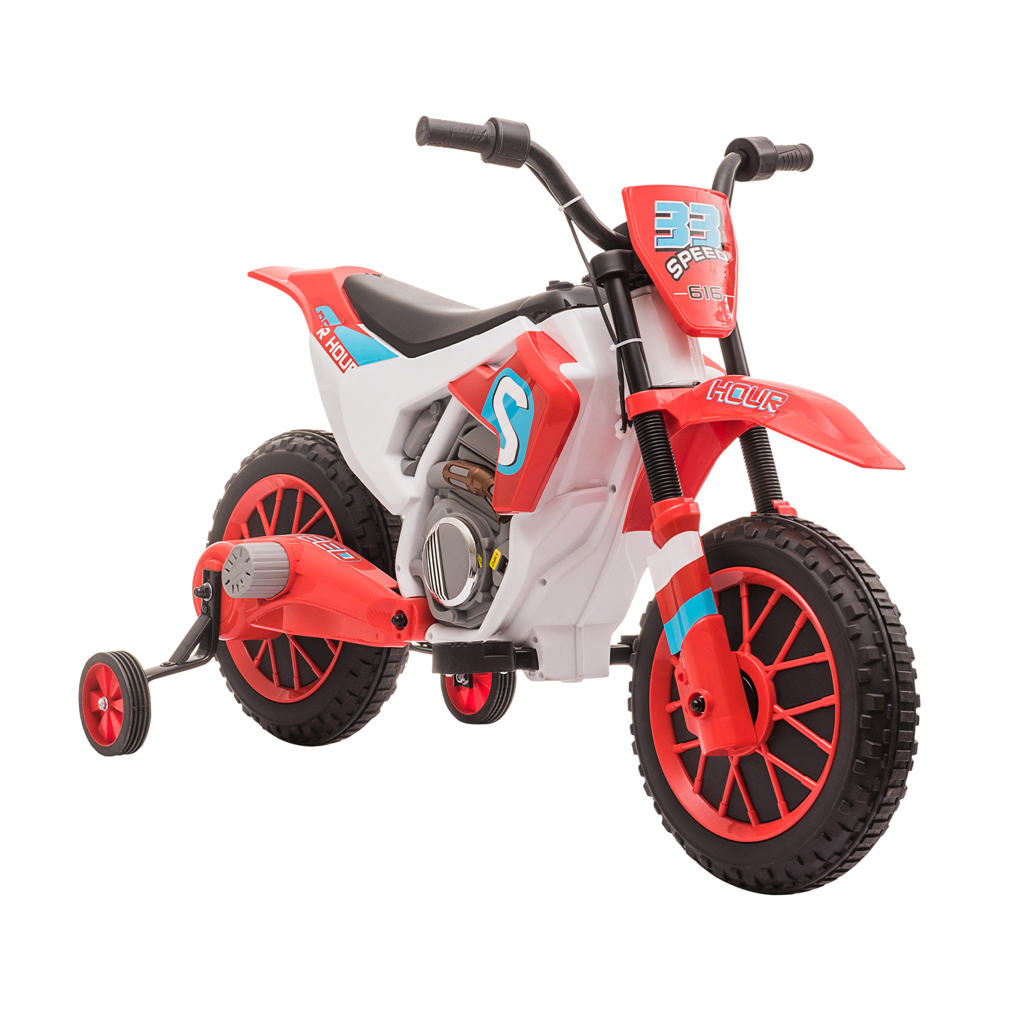 HOMCOM Moto cross électrique enfant 3 à 5 ans 12 V 3-8 Km/h avec roulettes  latérales amovibles dim. 106,5L x 51,5l x 68H cm rouge pas cher 