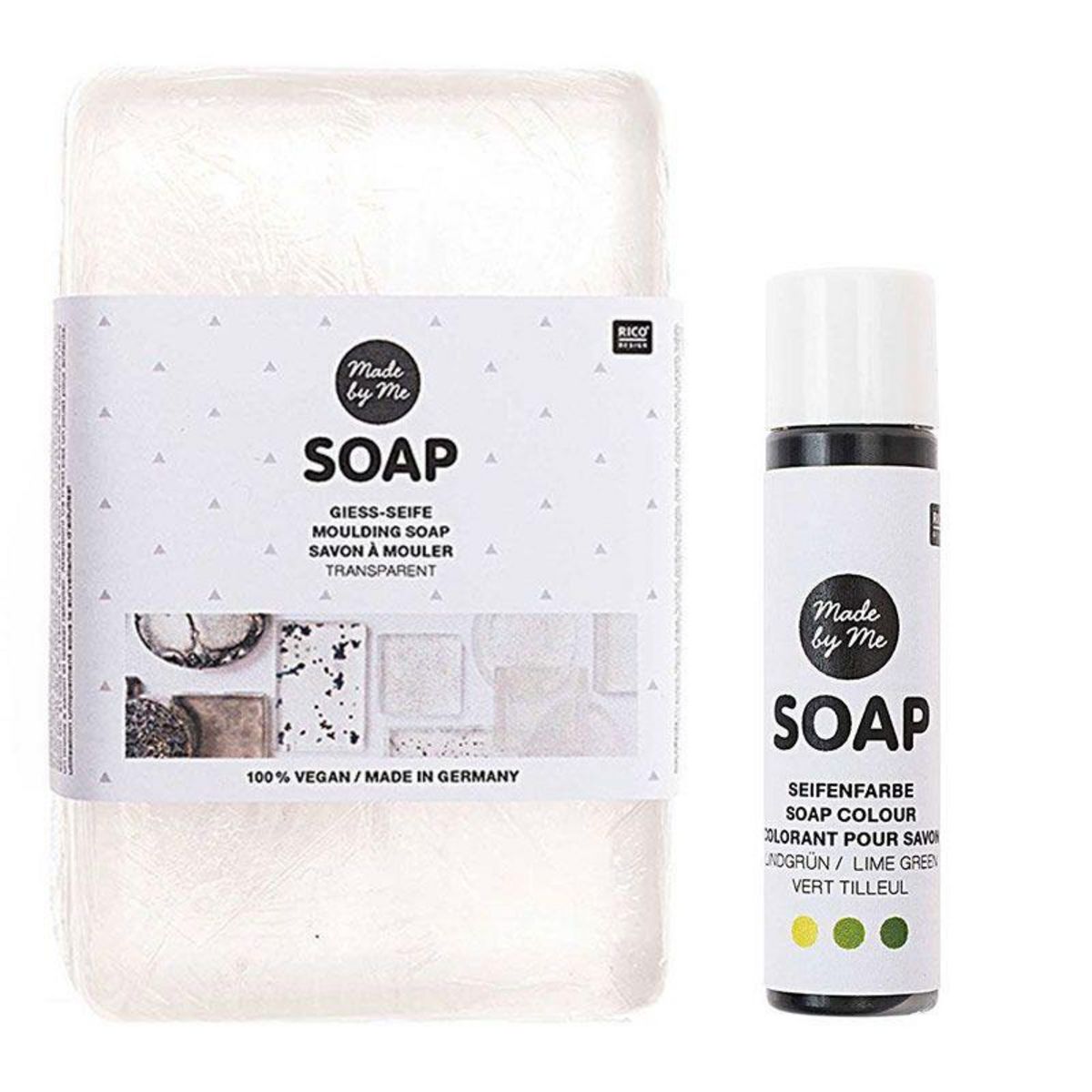 RICO DESIGN Savon à mouler transparent vegan 250 g + Colorant vert tilleul