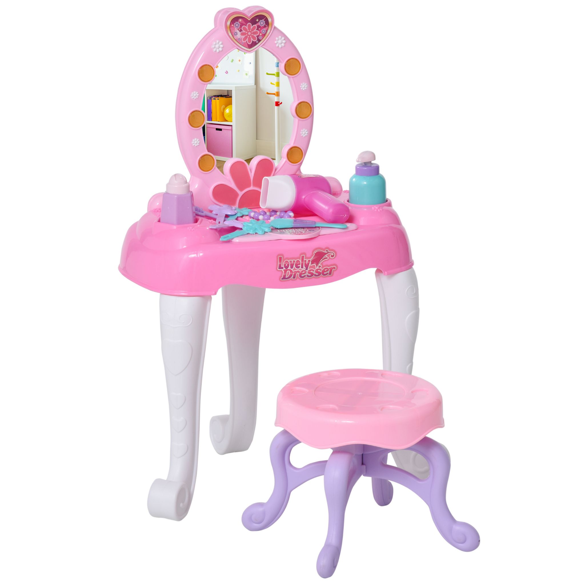 HOMCOM Coiffeuse Enfant Table de Maquillage Fonction de Lumière et de  Musique Fuchsia Rose Blanc 