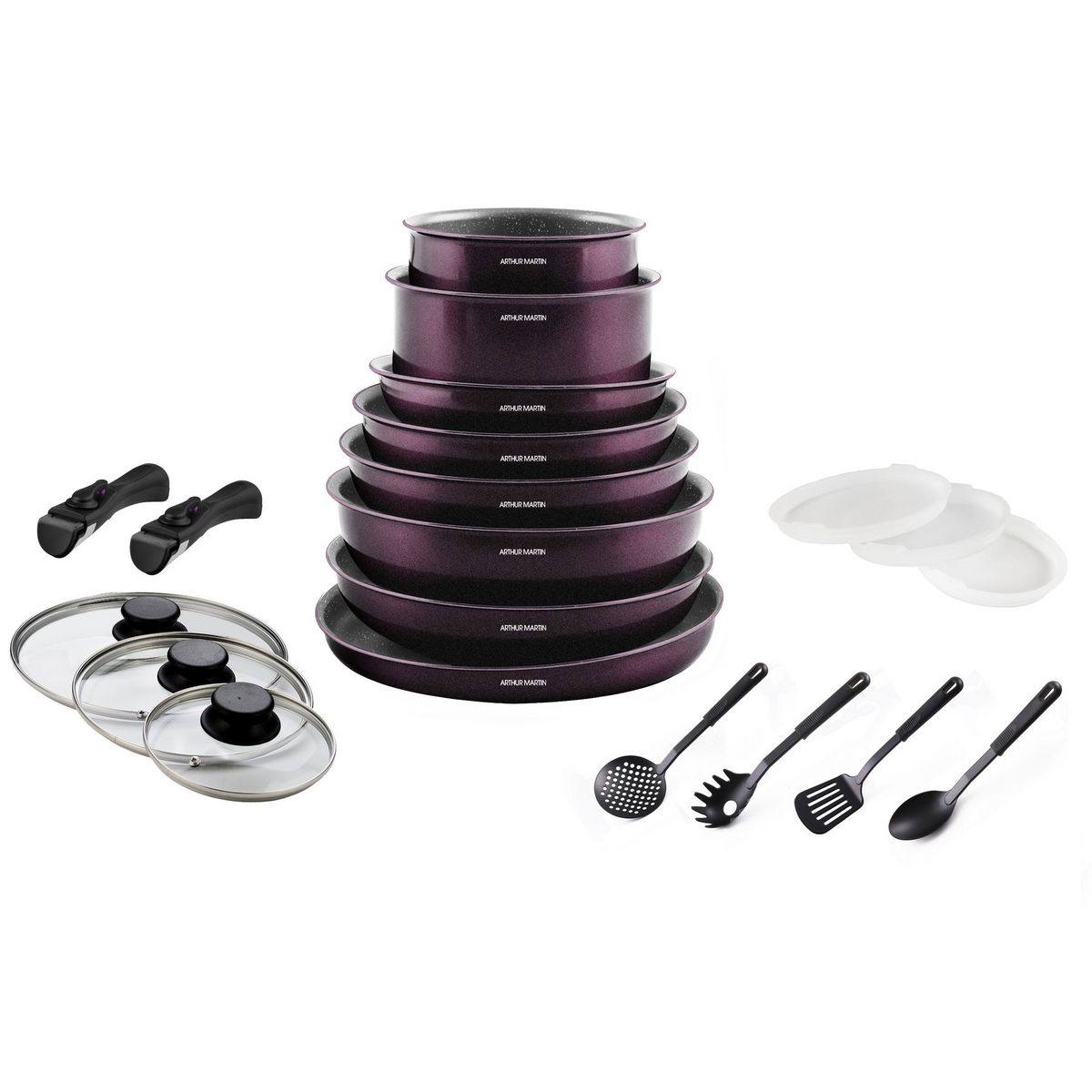 Arthur Martin Batterie de cuisine 20 pièces induction amovible en aluminium  Aubergine pas cher 