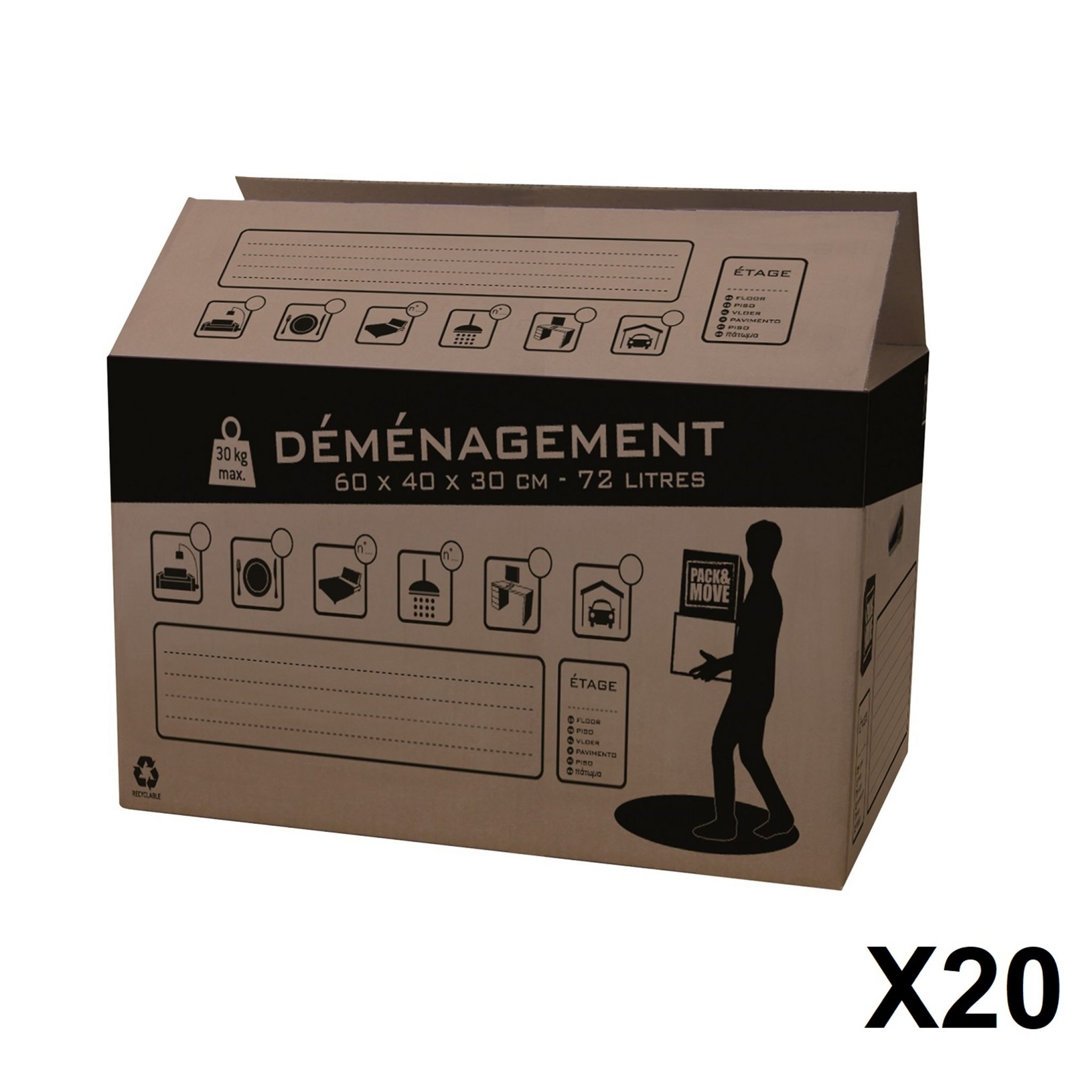 10 Cartons Déménagement 60X40X40 cm - Jusqu'à 20Kgs - Simple