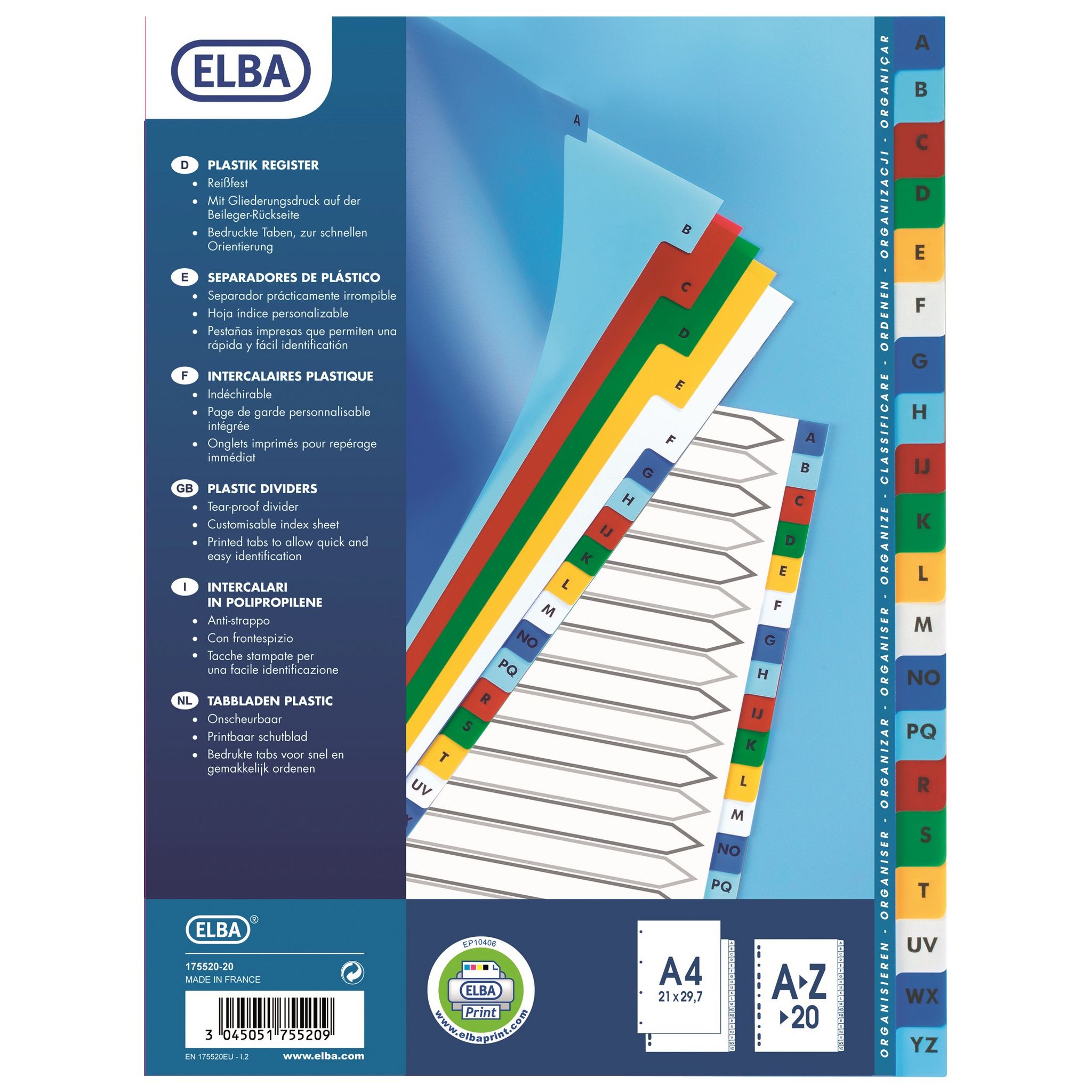 Intercalaire alphabétique A4 Elba plastique 20 onglets multicolores