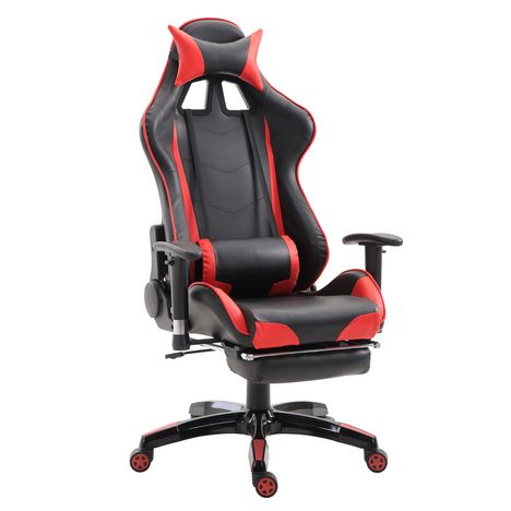 HOMCOM Fauteuil gamer grand confort fauteuil de bureau gamer pivotant  inclinable avec coussins et repose-pieds revêtement synthétique noir rouge