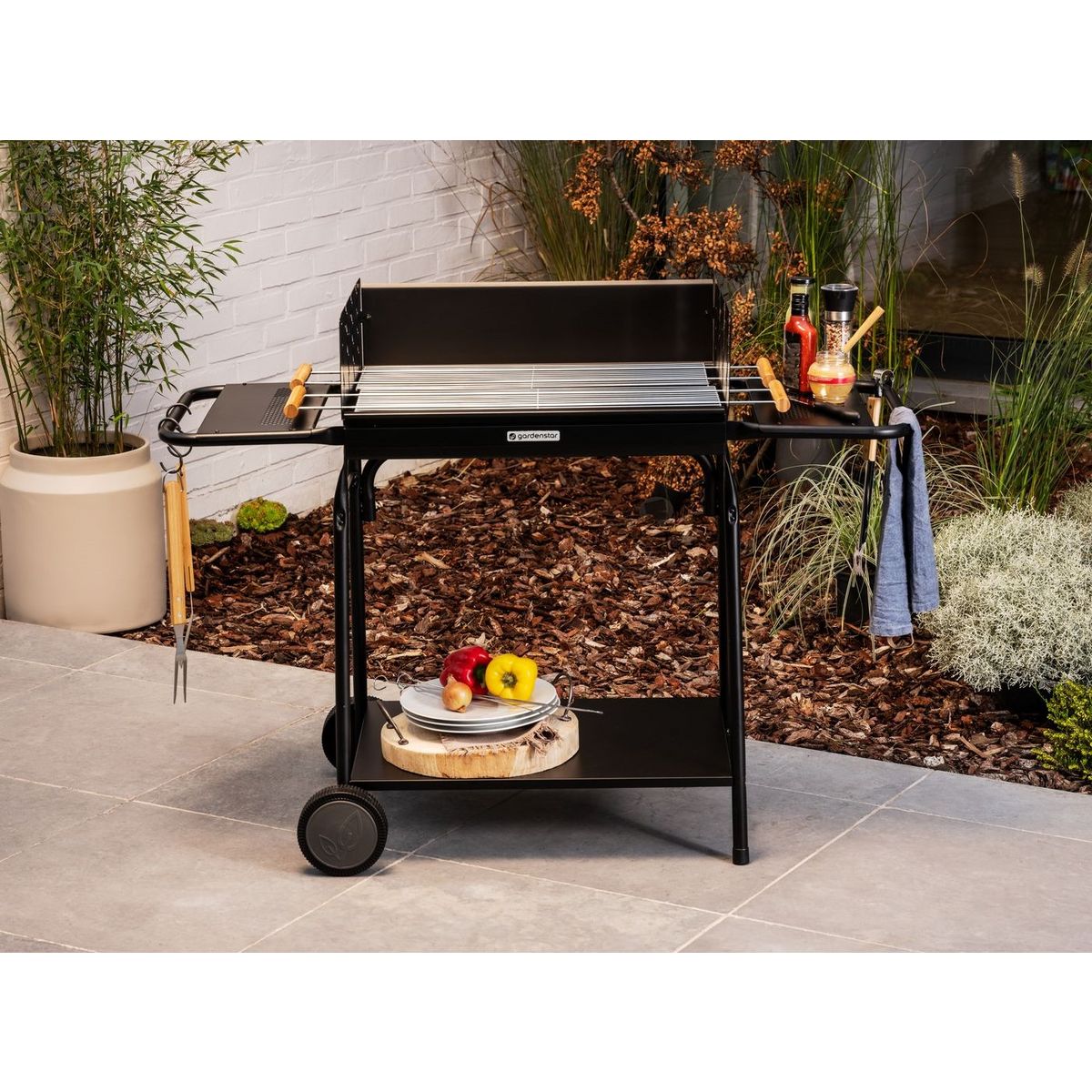 GARDENSTAR Barbecue charbon de bois en acier avec roues 125 x 56 x