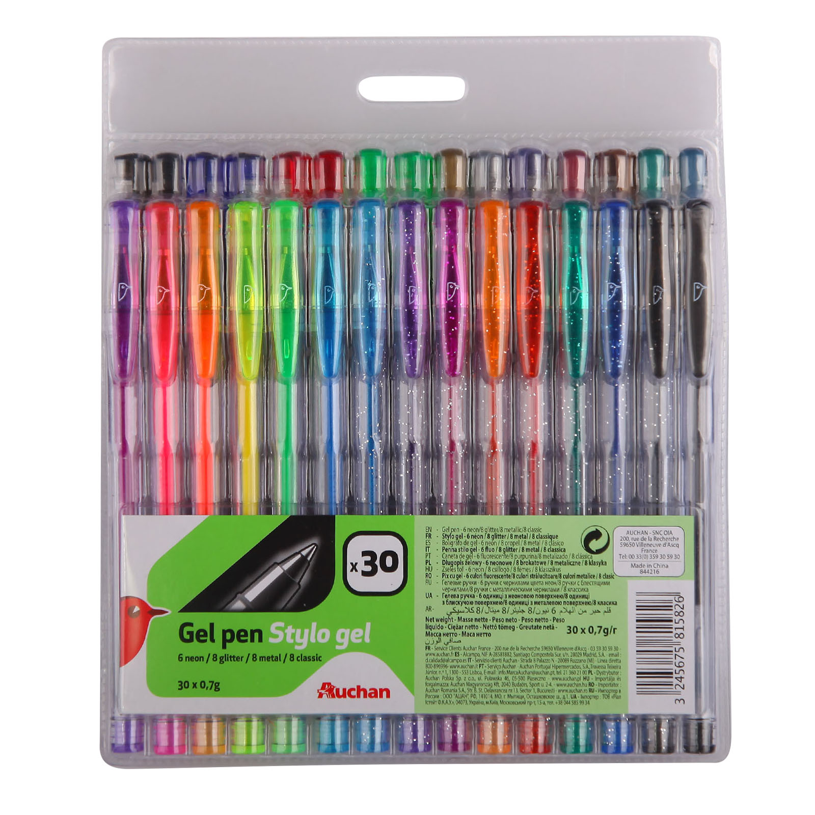 AUCHAN Pochette de 30 stylos gel - 6 néon, 8 glitter, 8 métal, 8 classic  pas cher 