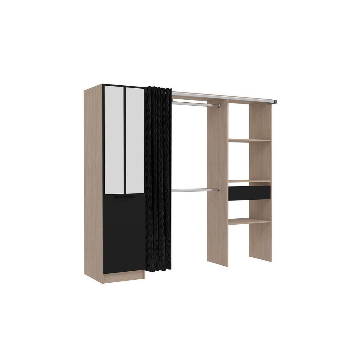 CONCEPT USINE NICE - Dressing industriel bois avec rideau noir et 2 penderies, 6 étagères et 1 tiroir noir