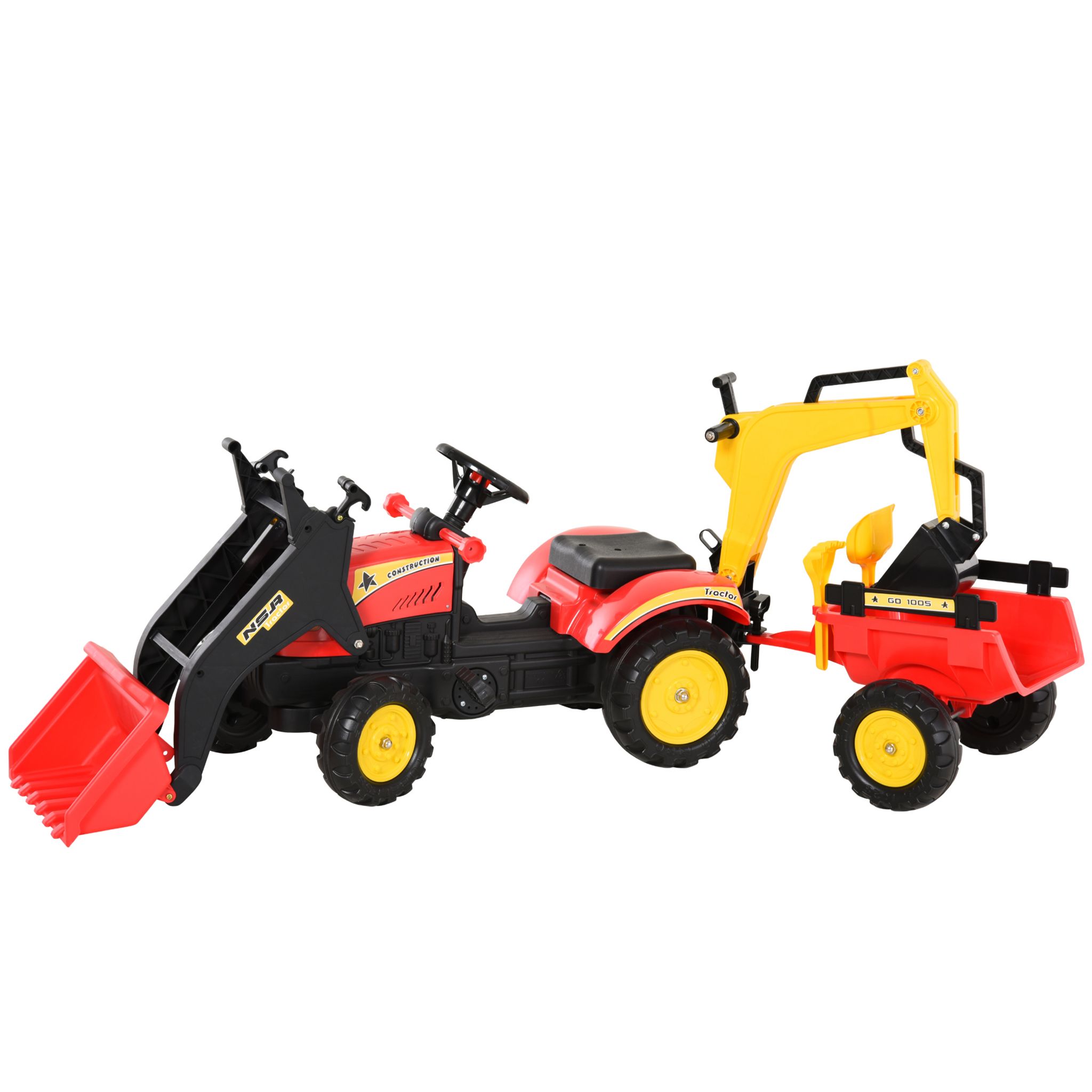 Tracteur à pédales tractopelle double avec remorque pelle et rateau jeu de  plein air enfants 3 à 6 ans rouge noir