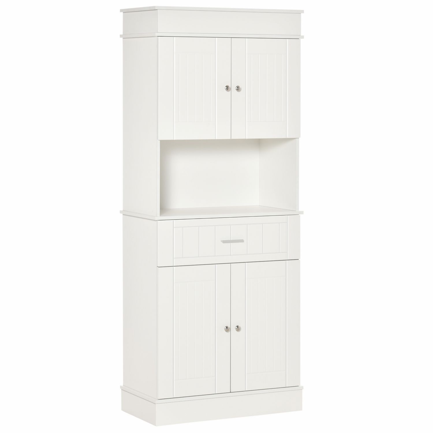 HOMCOM Armoire de cuisine contemporaine multi-rangement 4 portes tiroir  coulissant et grand plateau dim. 74L x 39l x 183H cm panneaux particules  MDF blanc