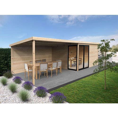 Abri de jardin en bois 28mm TAVIRA 11,67 m2 avec terrasse et baie coulissante