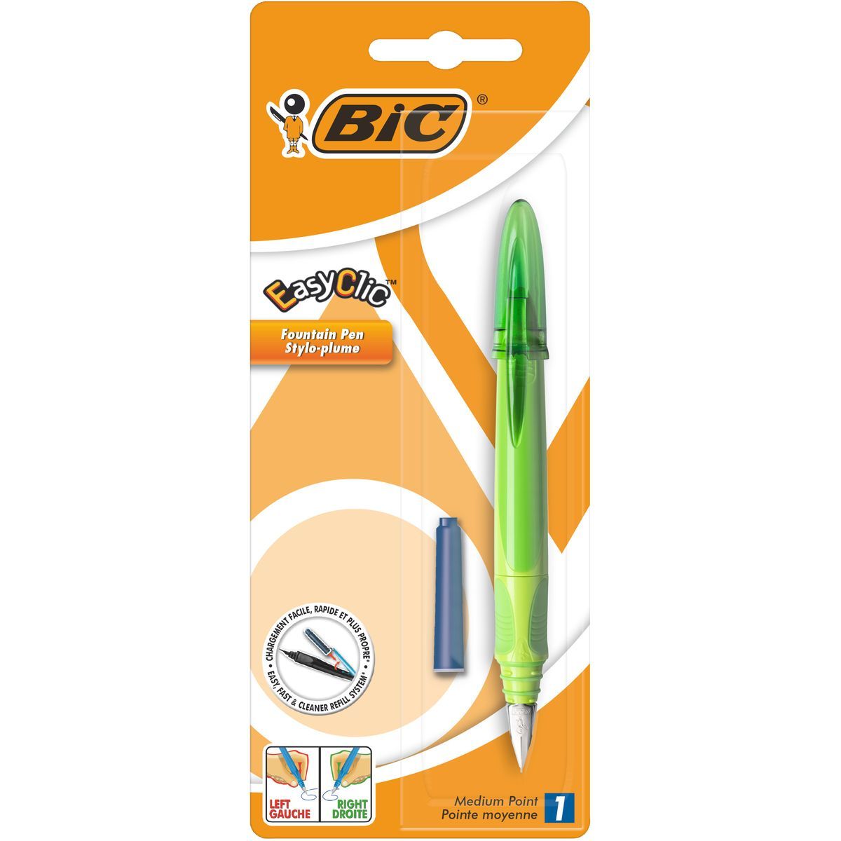 BIC Stylo plume pointe moyenne rechargeable EasyClic vert + 1