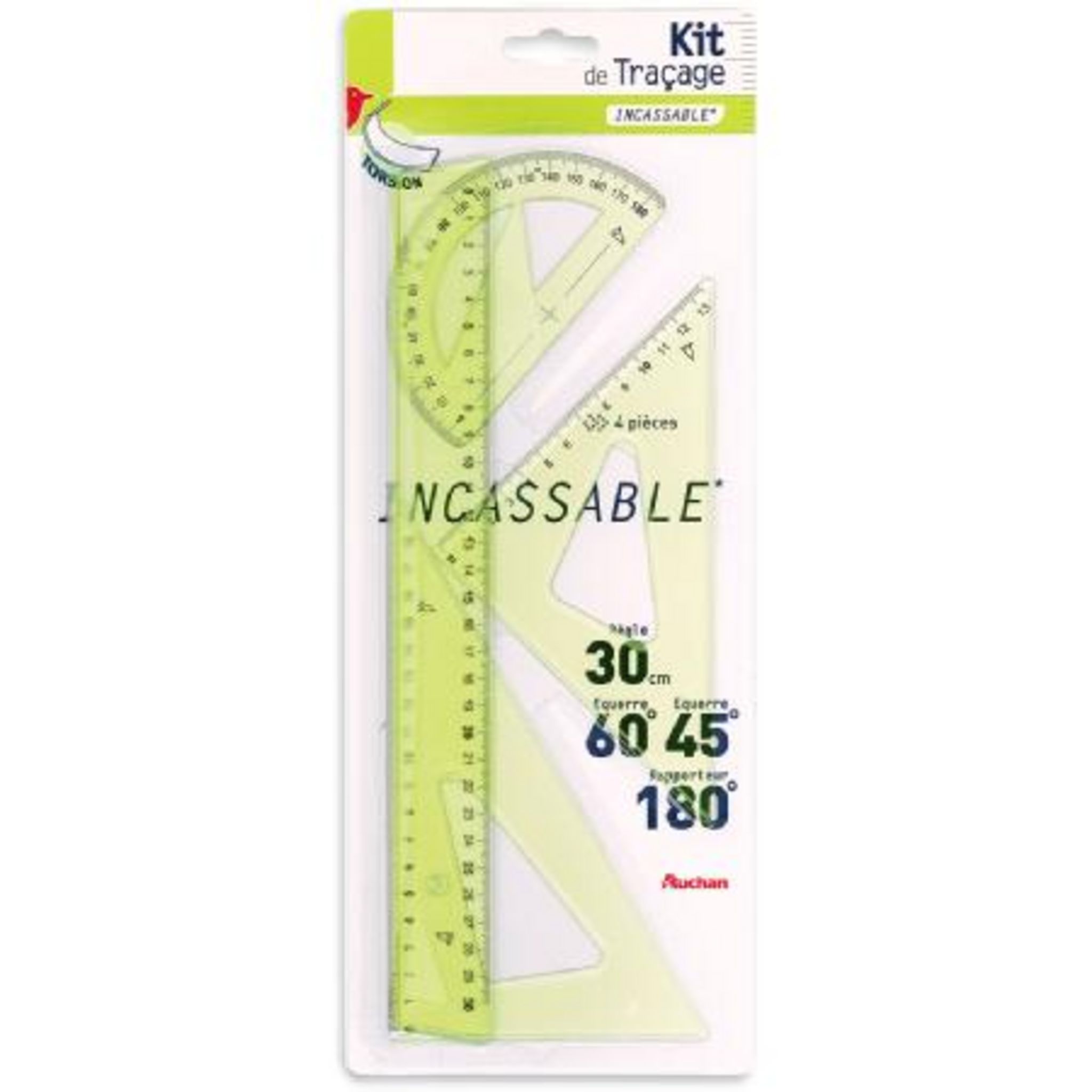 AUCHAN Kit de traçage 4 pièces régle + équerre + triangle + rapporteur  incassable Bleu pas cher 