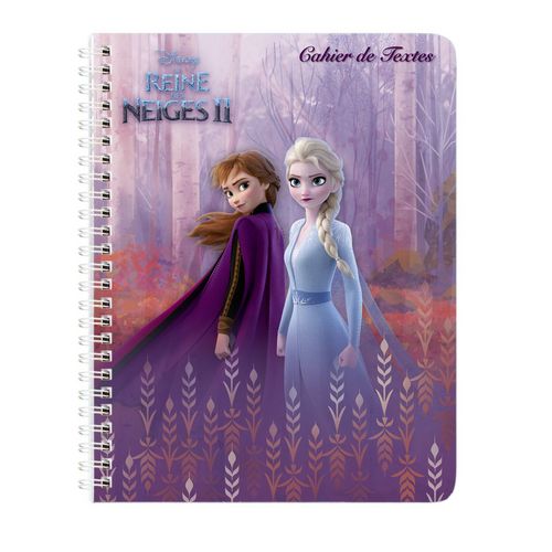 Cahier de texte à spirale 17x22 cm Reine des neiges 2 Elsa et Anna dos à dos violet et fleurs