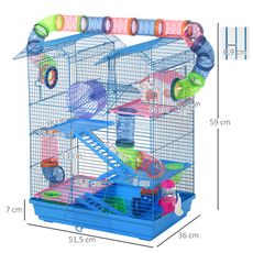 Cage pour Hamster Souris Petit Animaux Rongeur avec Tunnel Mangeoire Roue Jouet 47 x 30 x 59 cm cm Bleu